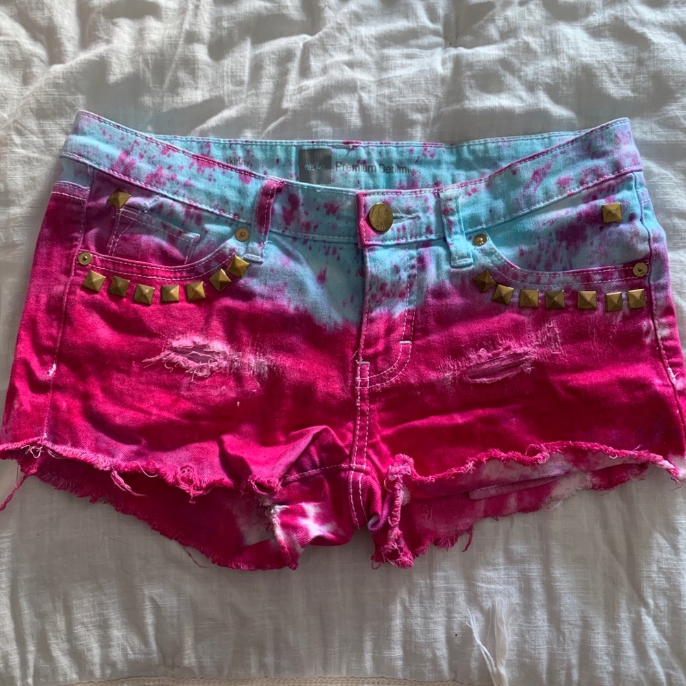 Custom tie-dye hot pink bright denim shorts 4
